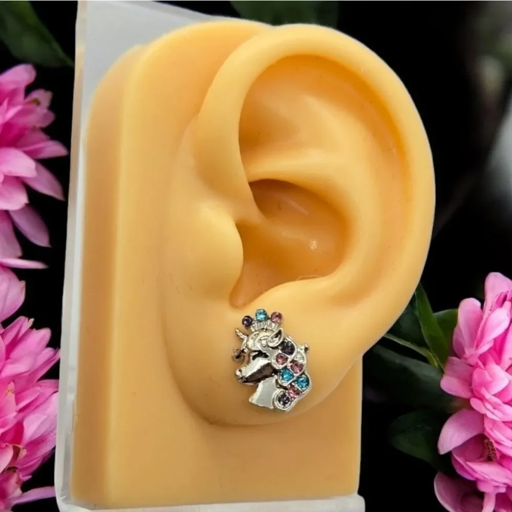 Unicorn Rhinestone Silver Earrings Sparkly Pierced Ears Fantasy Fashion Jewelry